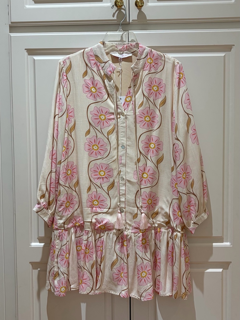 NWT  Cream Floral Tiered Long-Sleeve Dress with Pink Blooms